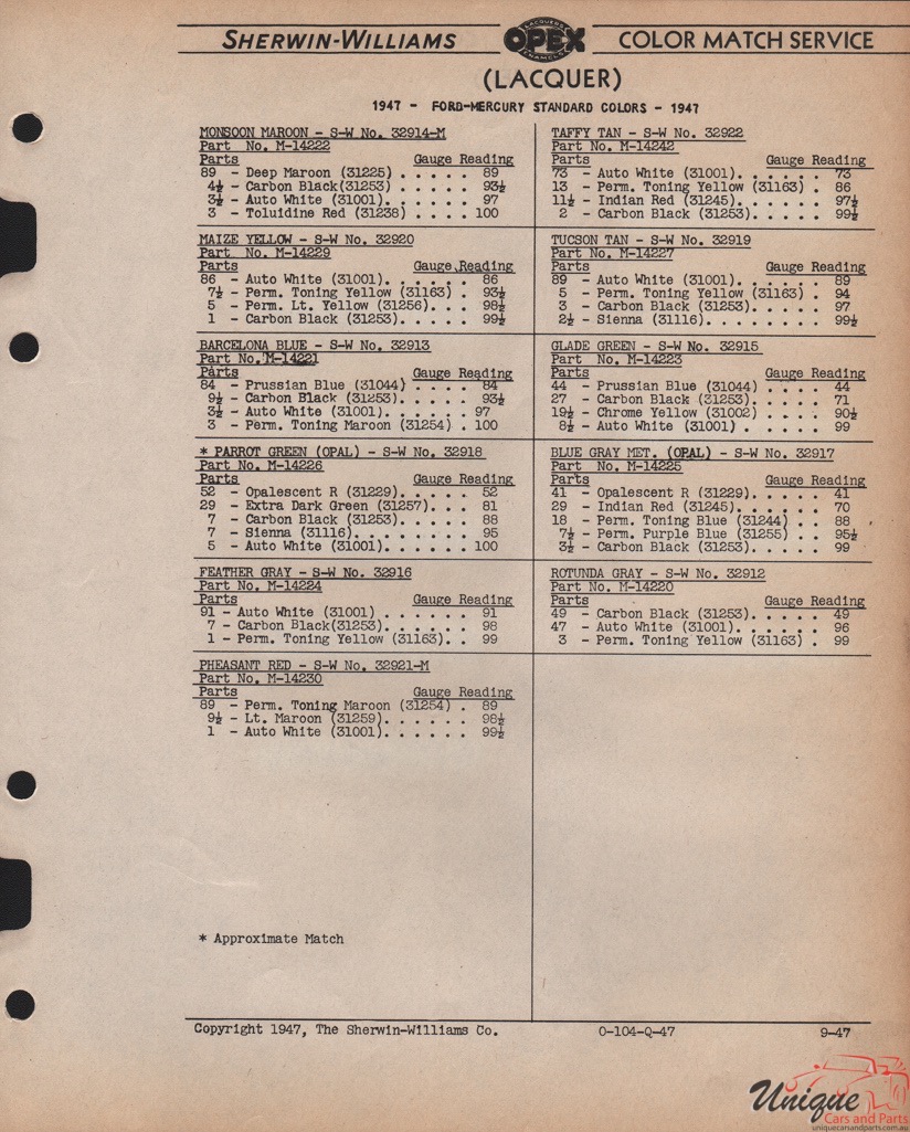 1947 Ford Paint Charts Sherwin-Williams 5